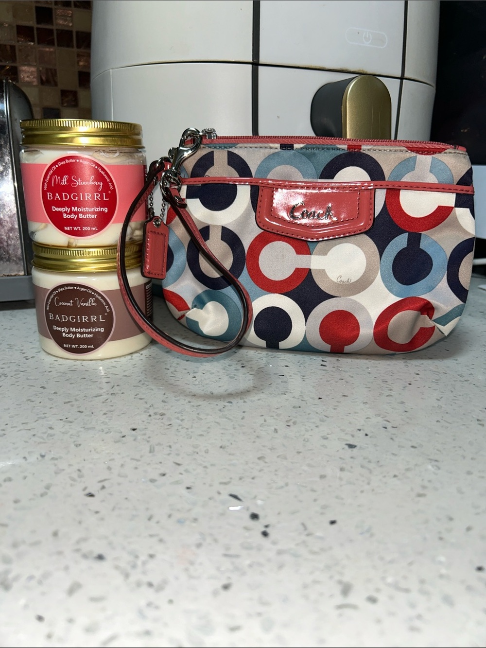 Coach Multicolor Circle Print Wristlet with Red Patent Trim